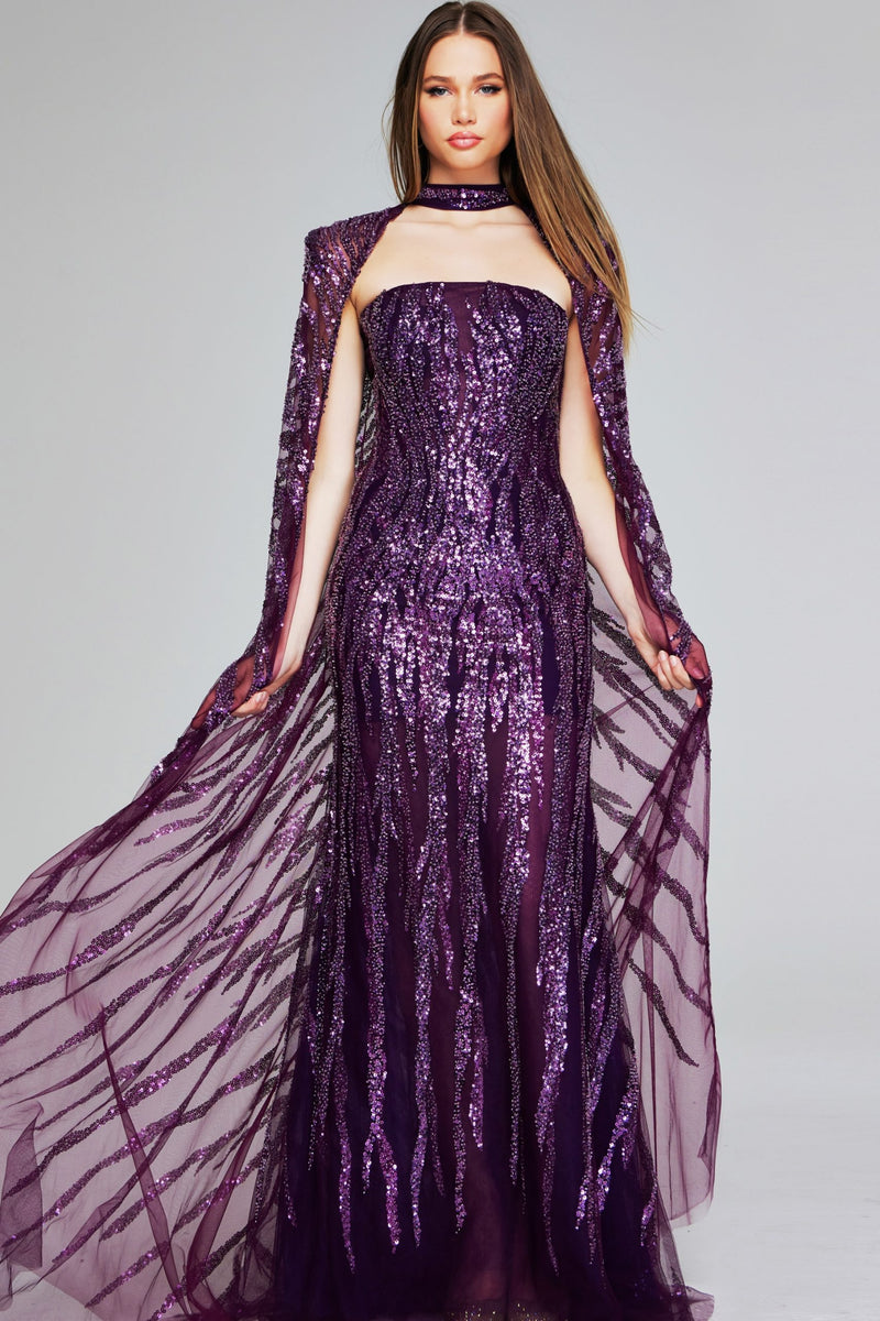 Enchanting Purple Sequin Gown with Dramatic Cape 39046