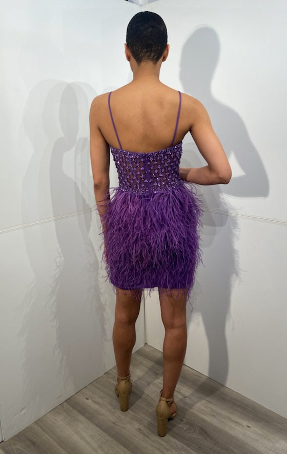 purple feather mini dress Jovani 22913 Beaded Bodice Feather Short Dress – Mario Pucci