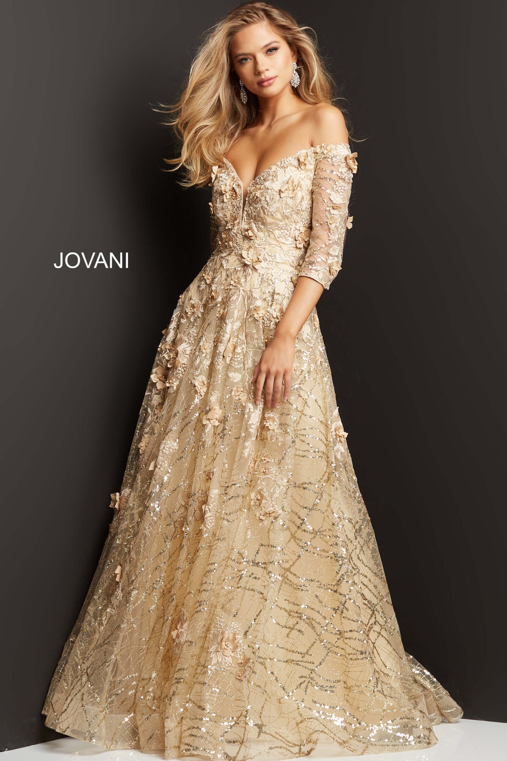 Jovani 06636 Floral Embellished A Line Gown – Mario Pucci