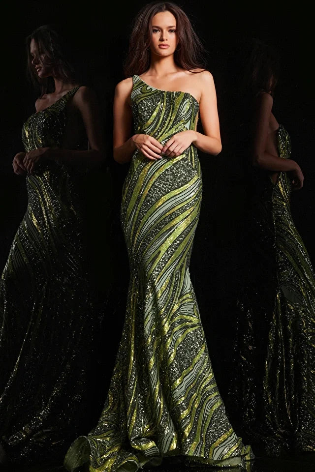 24031 - Green One Shoulder Beaded Dress Mario Pucci 24031 - Green One Shoulder Beaded Dress Mario Pucci