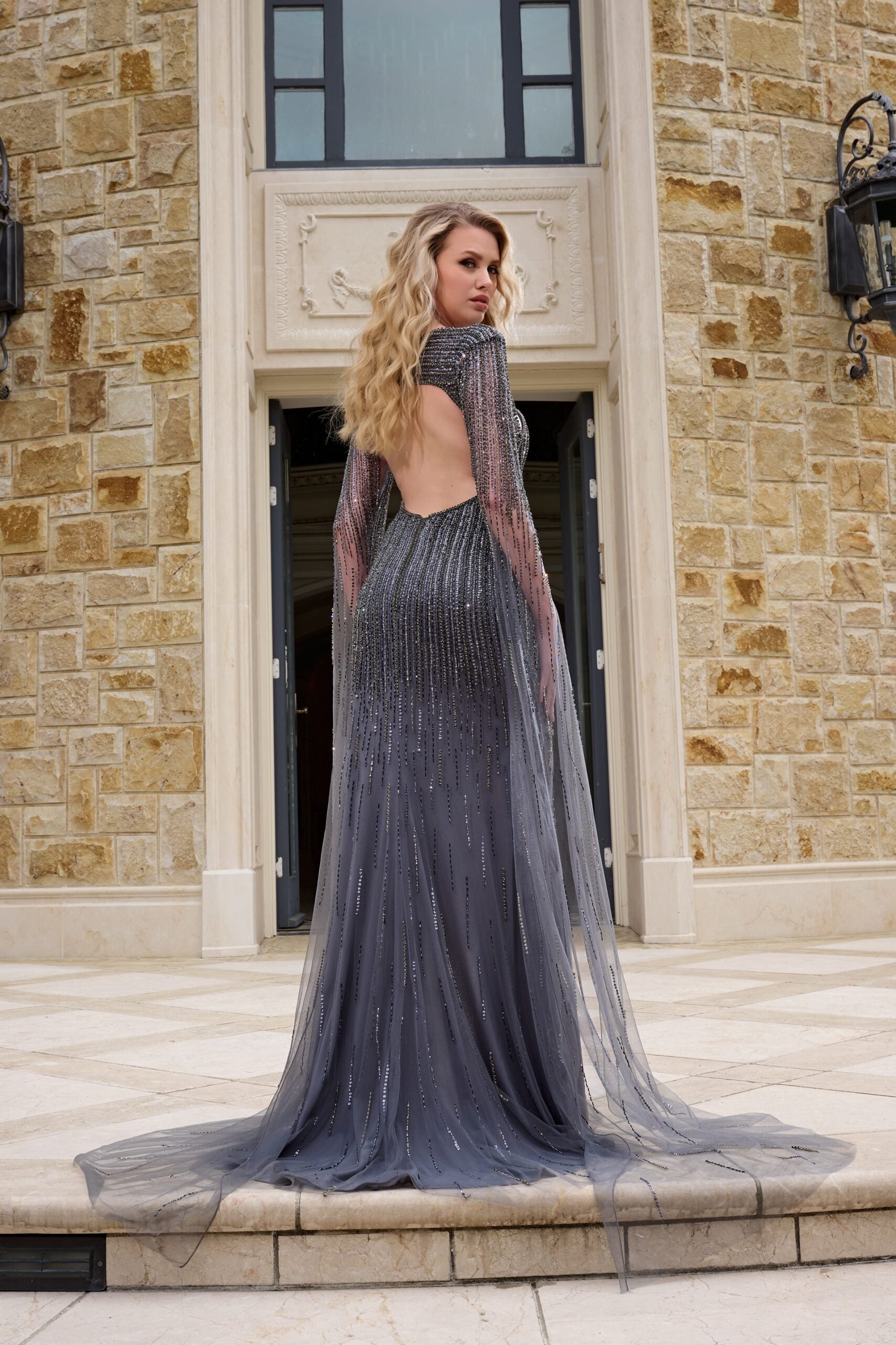 gunmetal grey dress Gunmetal Embellished V Neck Formal Dress 37206