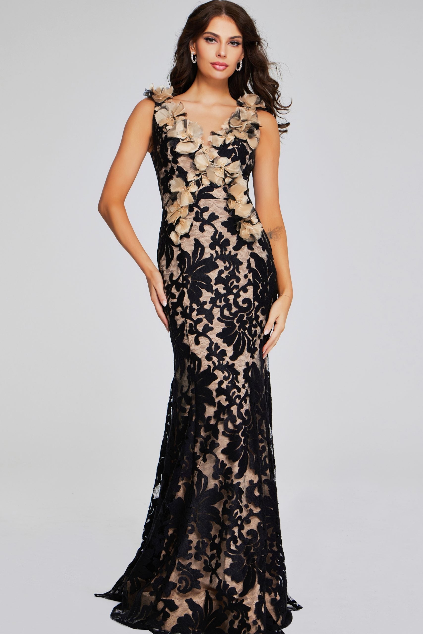 Black and Nude Floral Gown 38497 Mario Pucci Black and Nude Floral Gown 38497 Mario Pucci