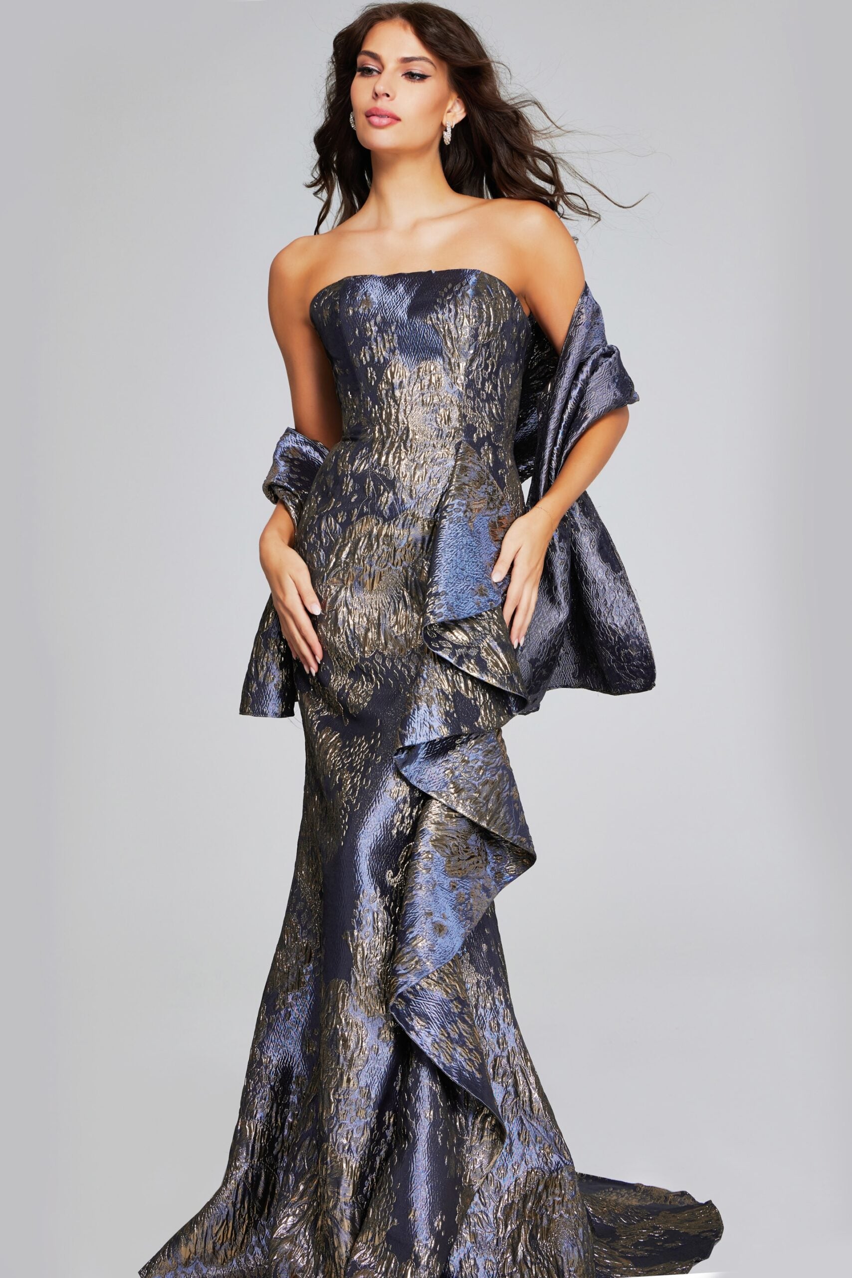 Gunmetal and Gold Strapless Gown with Cascading Ruffle 42028 Mario Pucci Gunmetal and Gold Strapless Gown with Cascading Ruffle 42028 Mario Pucci