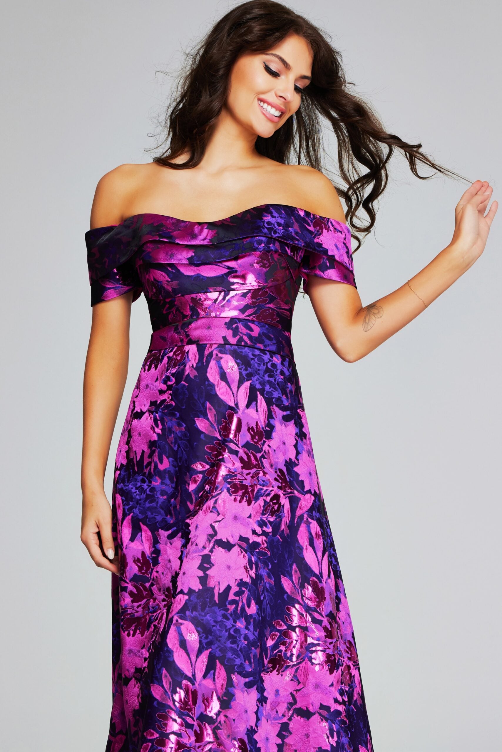 Vibrant Fuchsia Purple Off-Shoulder Gown 42506 Mario Pucci Vibrant Fuchsia Purple Off-Shoulder Gown 42506 Mario Pucci