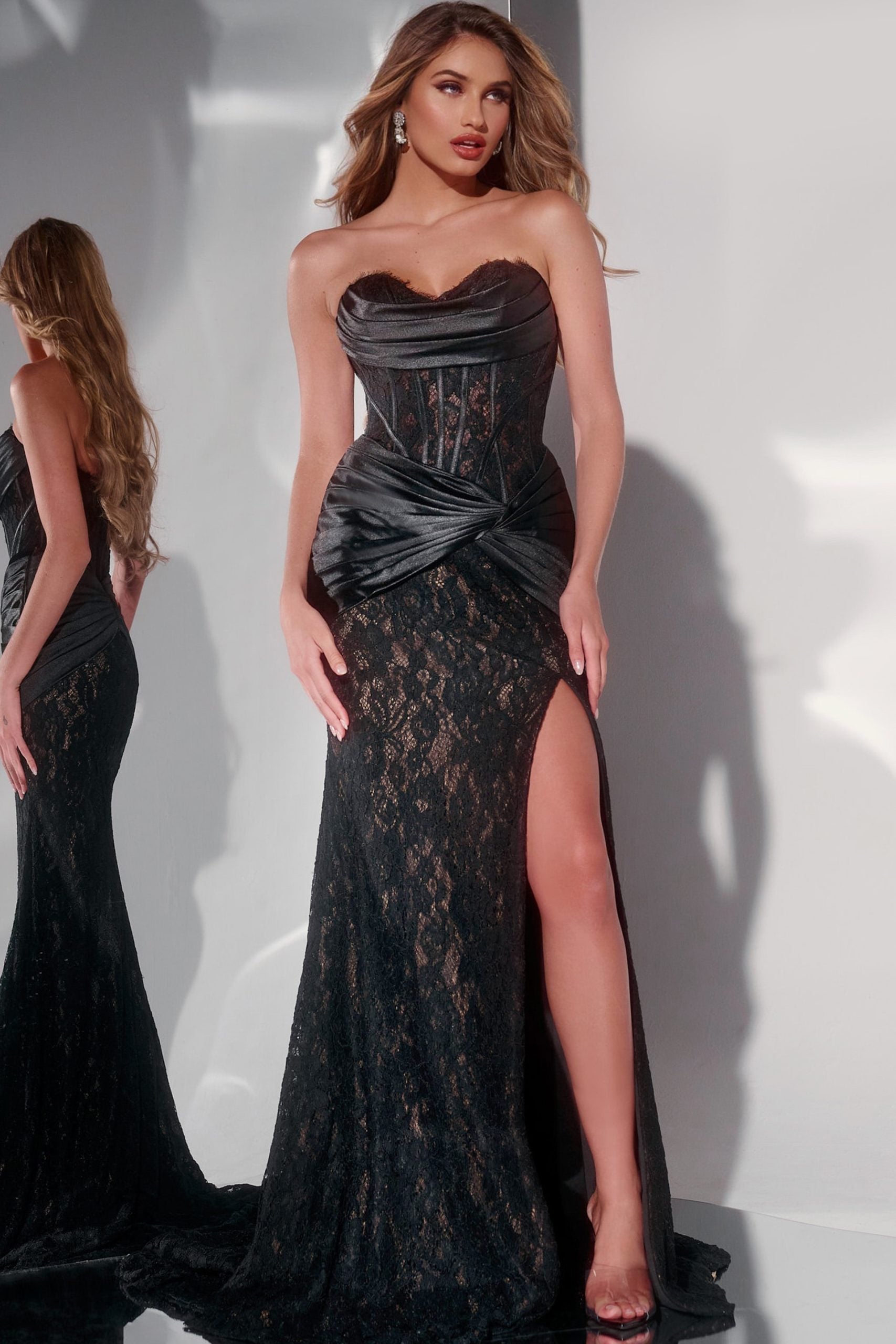 Strapless Black Lace Evening Gown with Ruched Satin Accent 43859 Mario Pucci Strapless Black Lace Evening Gown with Ruched Satin Accent 43859 Mario Pucci