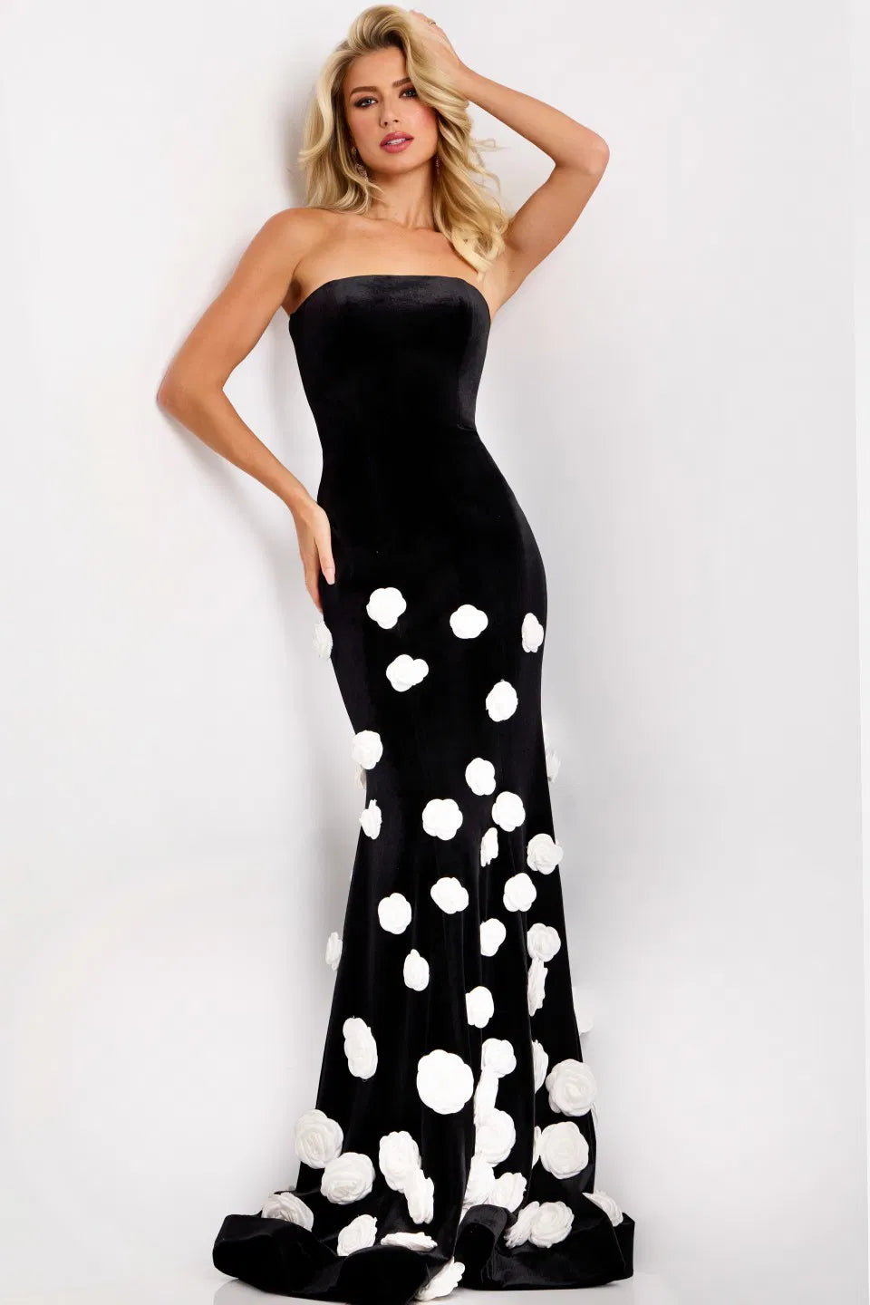 Strapless Floral Appliqué Velvet Gown 45238