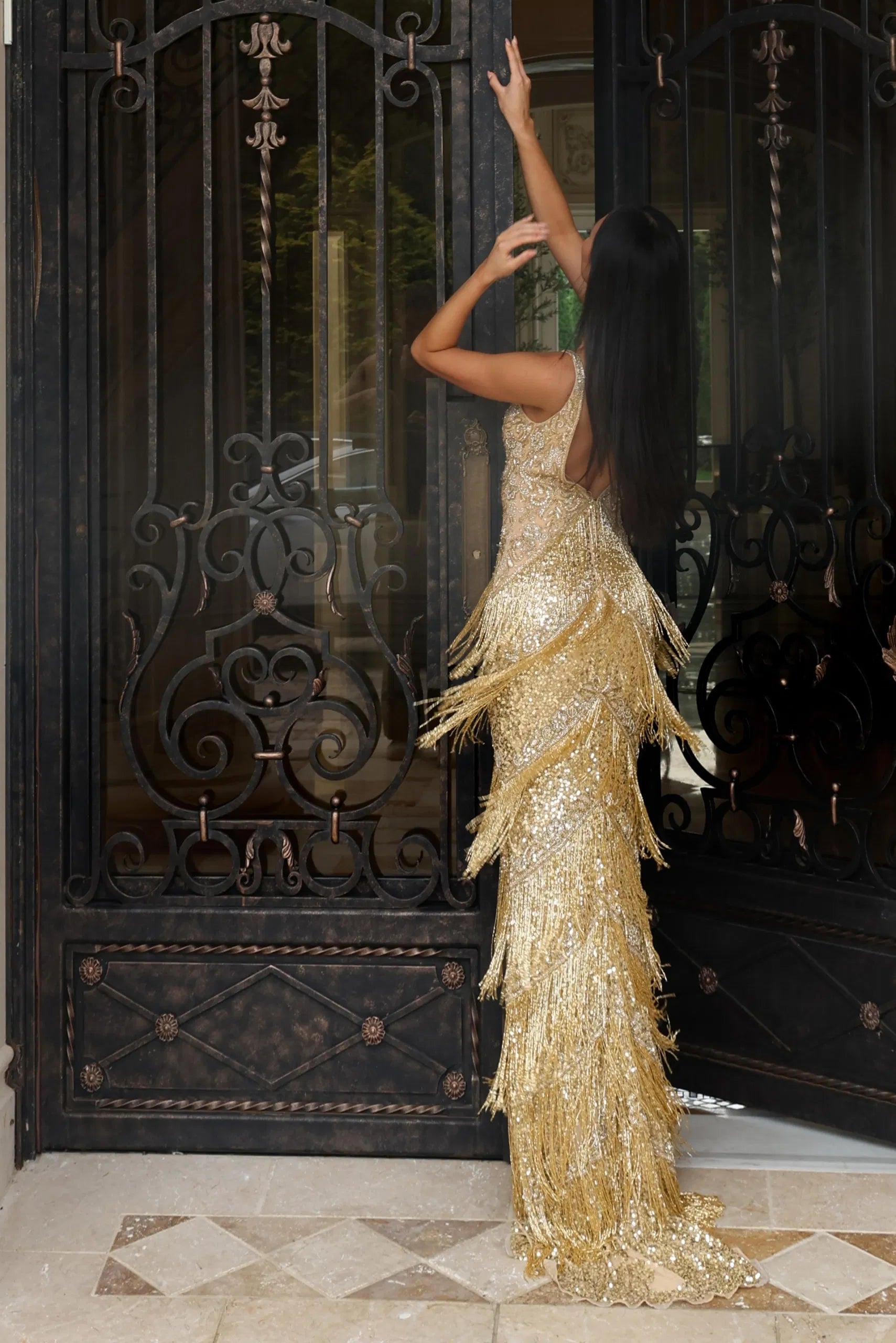 Gold Beaded Fringe Dress With High Slit 48521 – Mario Pucci