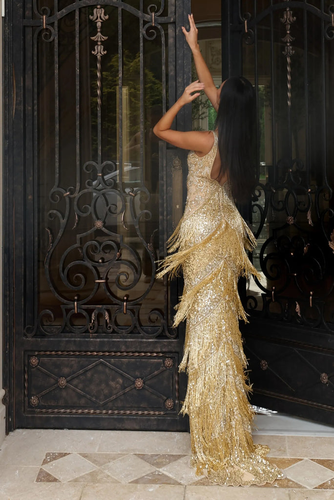 long gold fringe dress Beaded With High Slit 48521 – Mario Pucci Size:L (member) SHEIN VCAY Plus Size 25BFPart2 Sparkle and Shine with