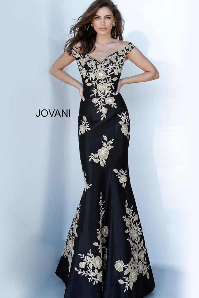 Black gold floral evening dress Jovani 00635