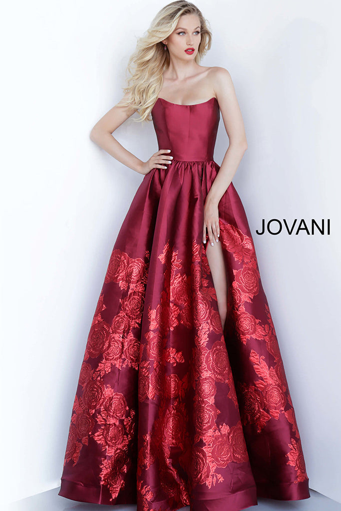 Red scoop neckline pleated gown Jovani 02038
