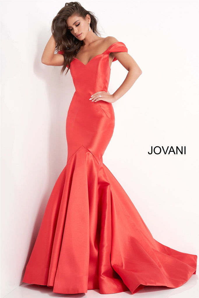 Red taffeta mermaid prom dress Jovani 02359