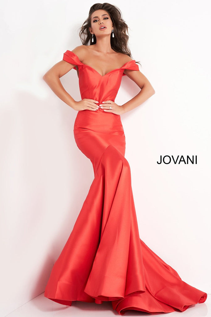 Red off the shoulder Jovani prom dress 02359