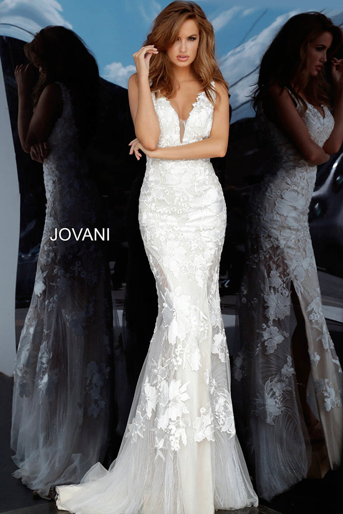 White nude embroidered evening dress Jovani 02444