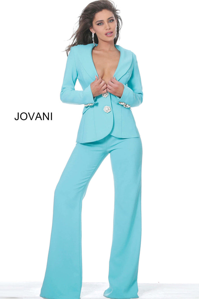 Turquoise crepe pant suit Jovani 02637