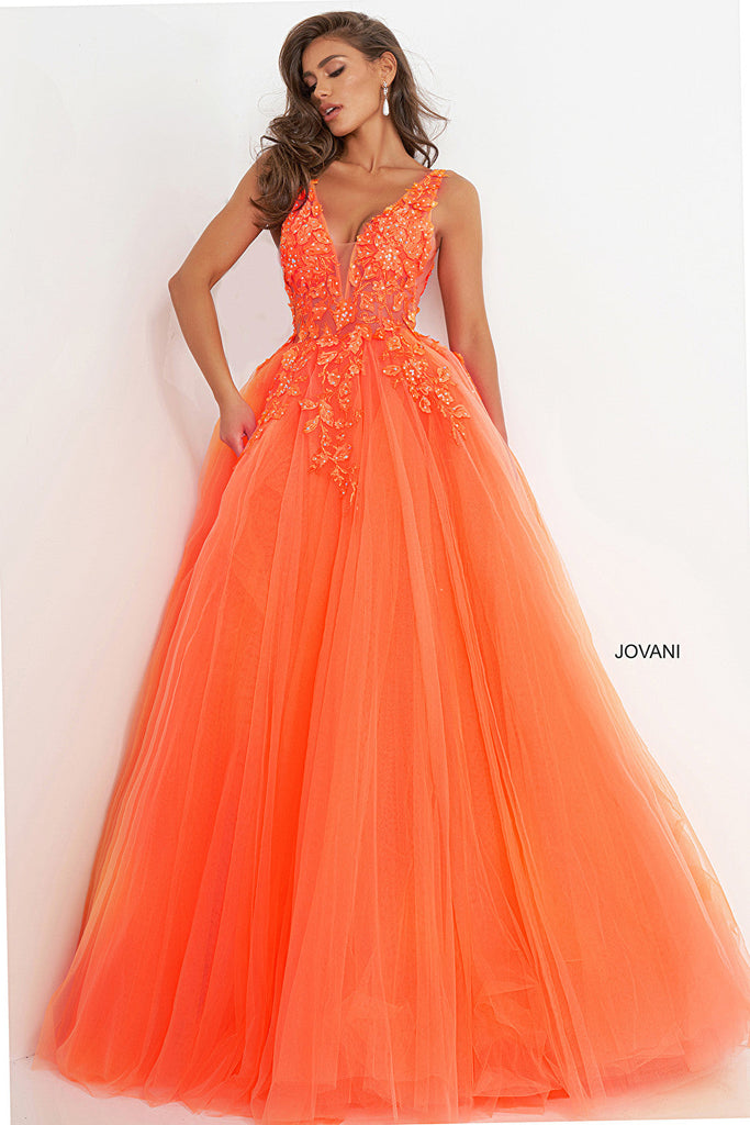 Orange floral bodice prom ballgown 02840
