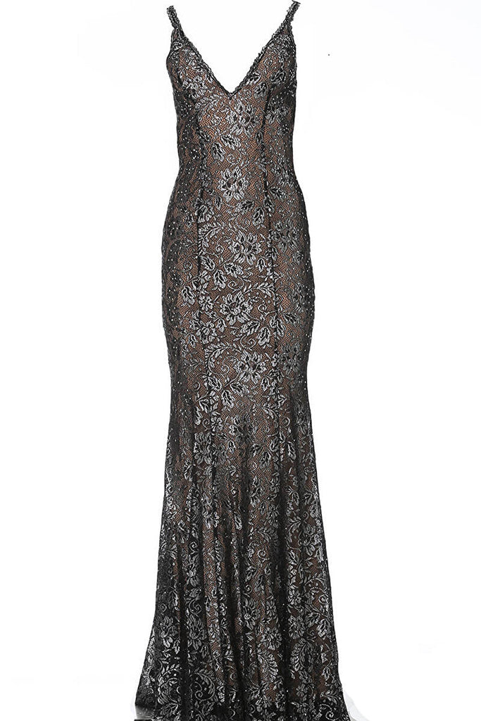 black silver stretch lace prom dress 02906