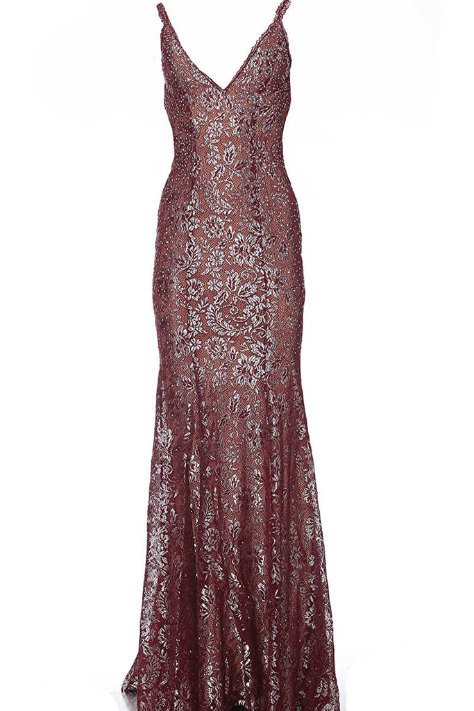 burgundy silver backless Jovani dress 02906