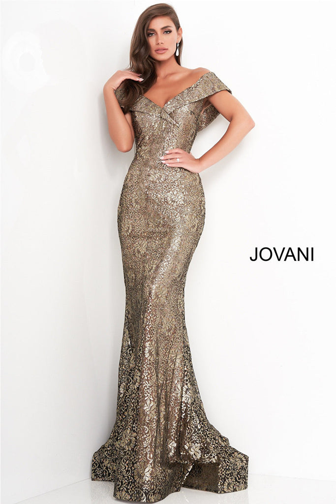 Jovani 02920 Black Gold Fitted V neck Evening Dress