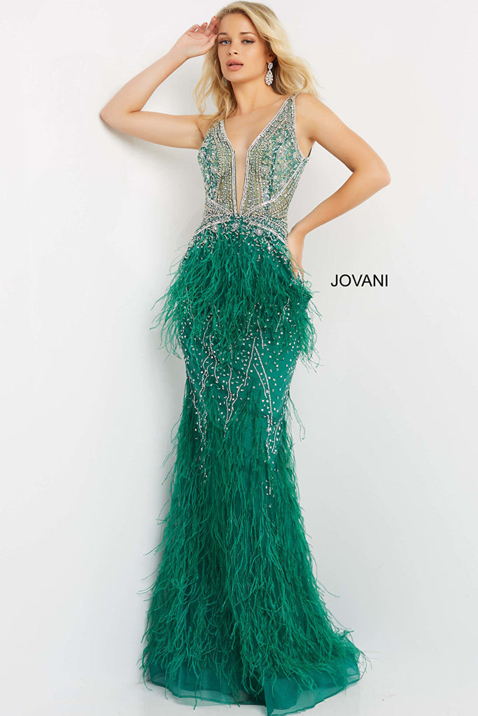 emerald green dress with feather 03023