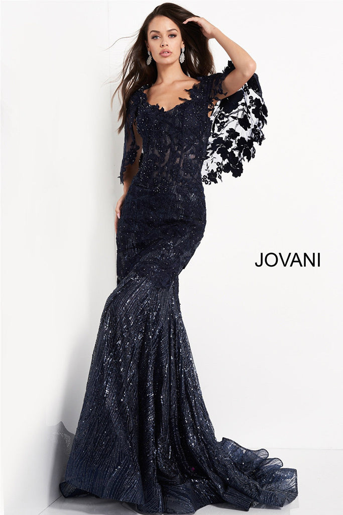 Navy lace mother of the bride and evening Jovani dress 03158