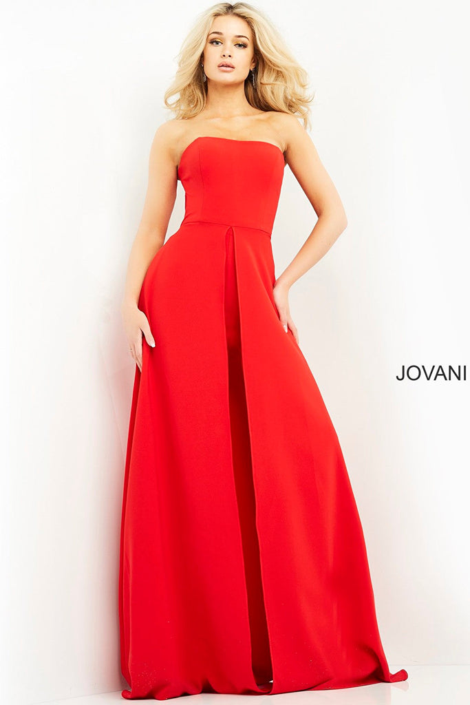 Red strapless on trend Jovani jumpsuit 03529