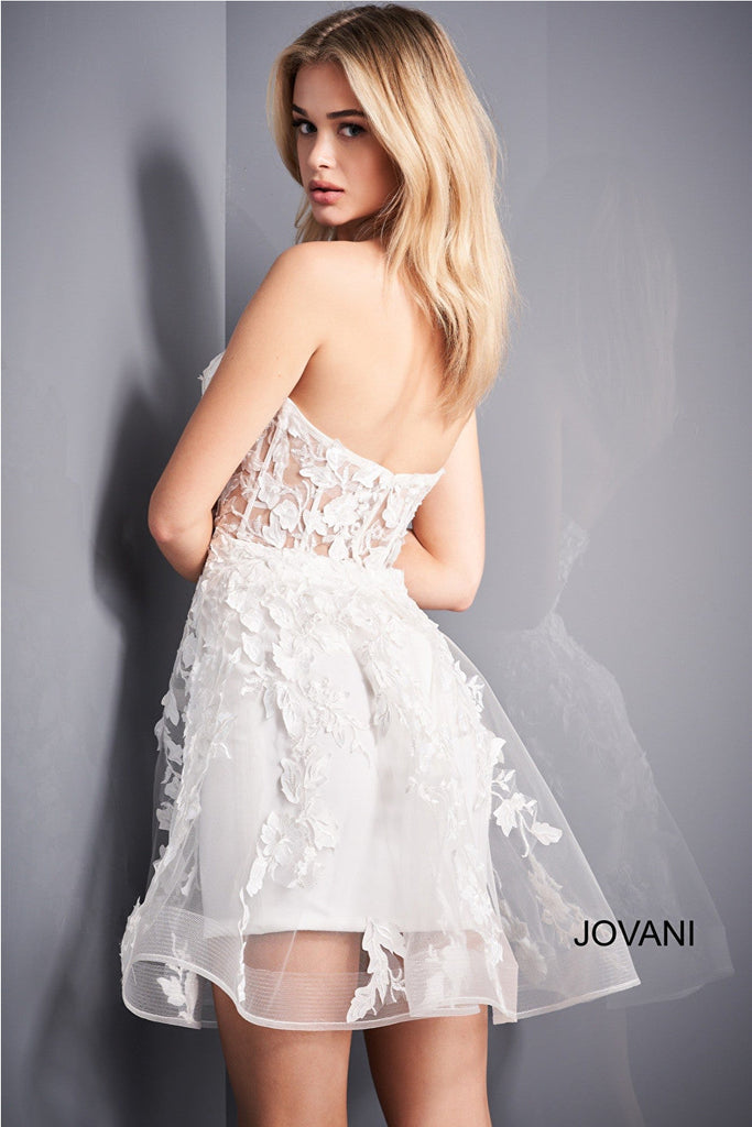 White fit and flare floral Jovani cocktail dress 04109