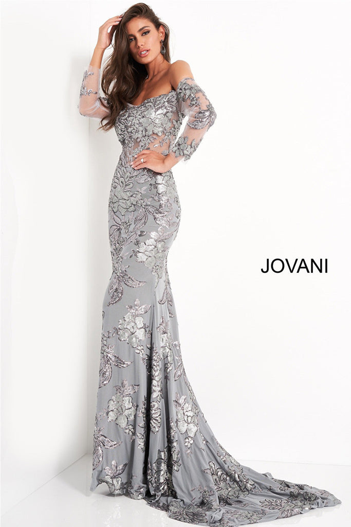 Silver sequin embellished mother of the bride dress Jovani 04333