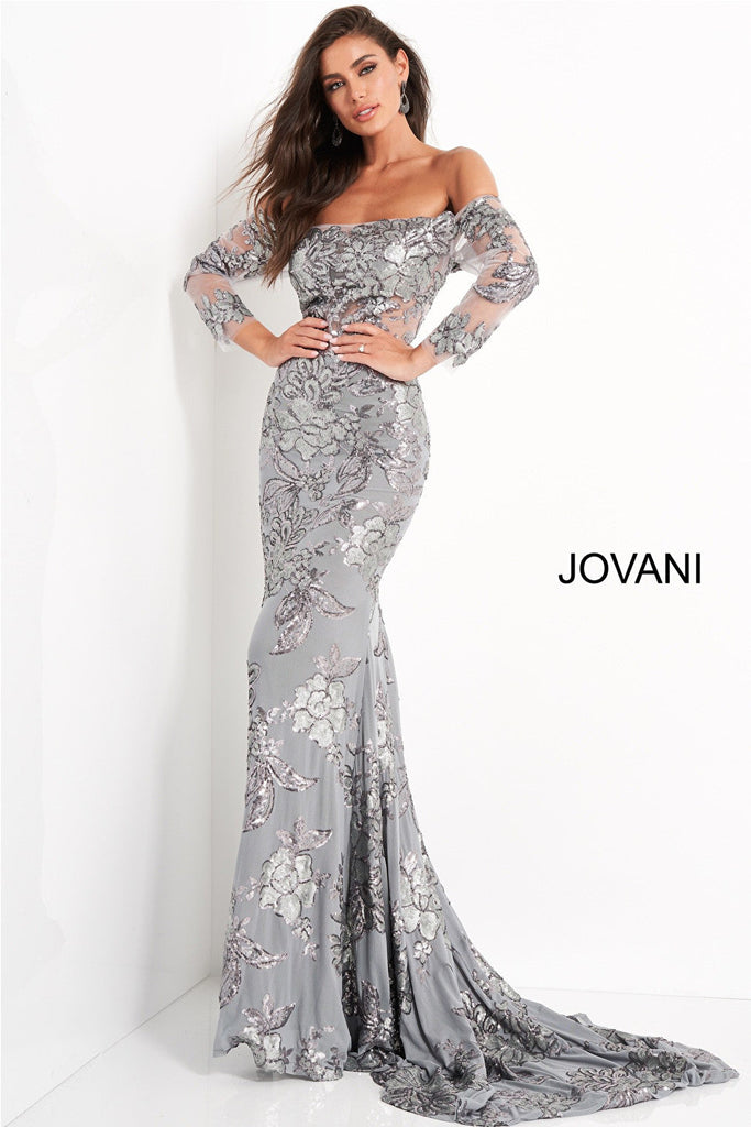 Silver of the shoulder mob and evening dress Jovani 04333