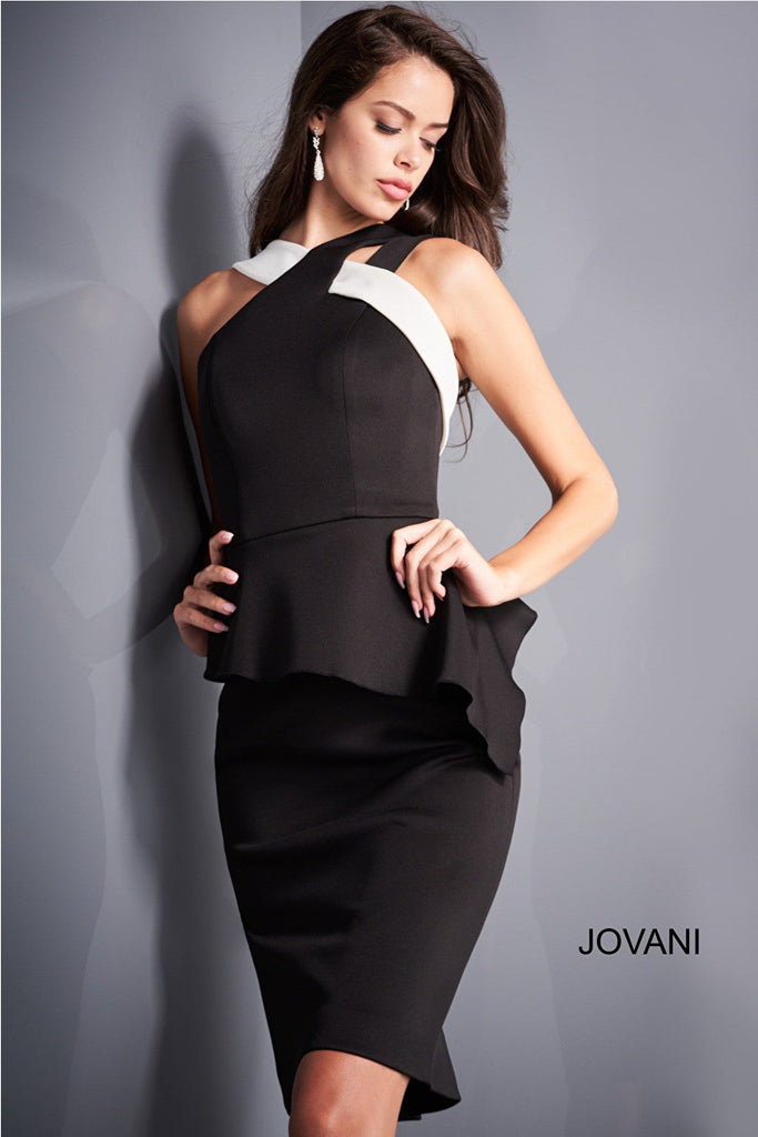 Black white scuba fitted short dress Jovani 04409