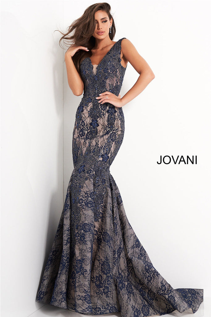 Navy V neck Jovani mermaid dress 04585