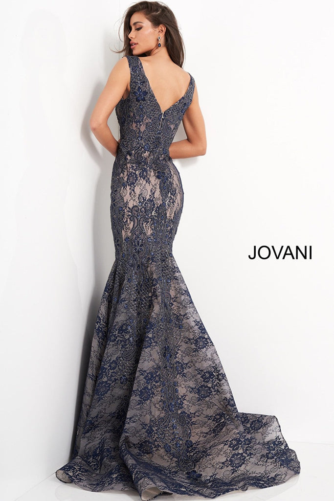Navy lace nude underlay Jovani evening dress 04585