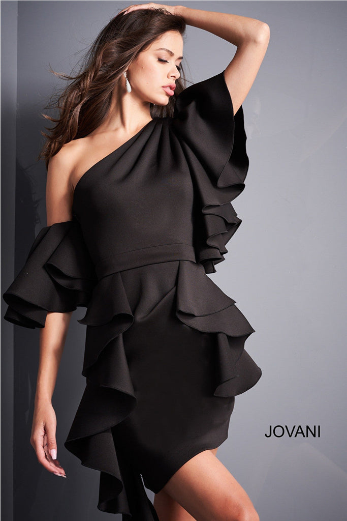 Black scuba short dress Jovani 05155