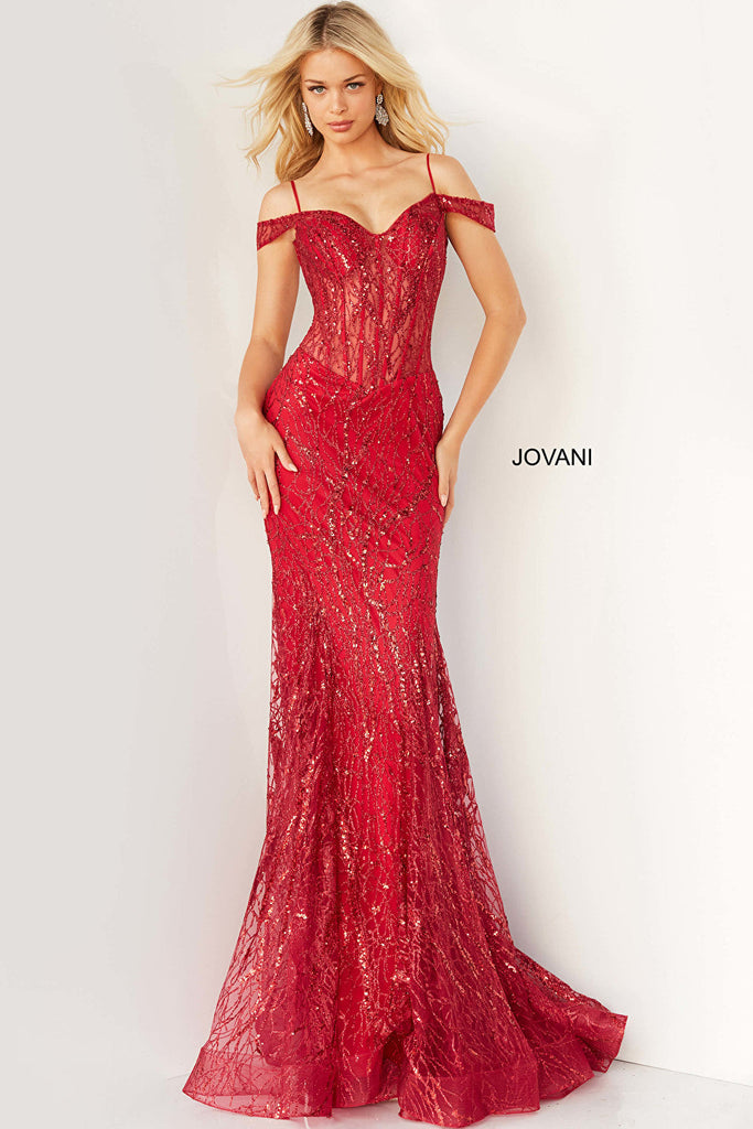 Sheer bodice red Jovani dress 05838