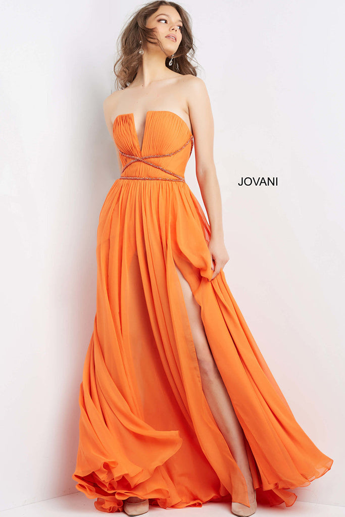 Orange plunging neck prom dress 05971