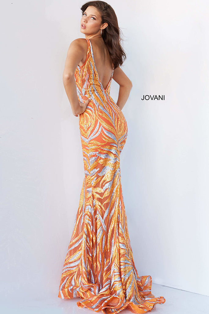 Orange silver V back prom gown 06153