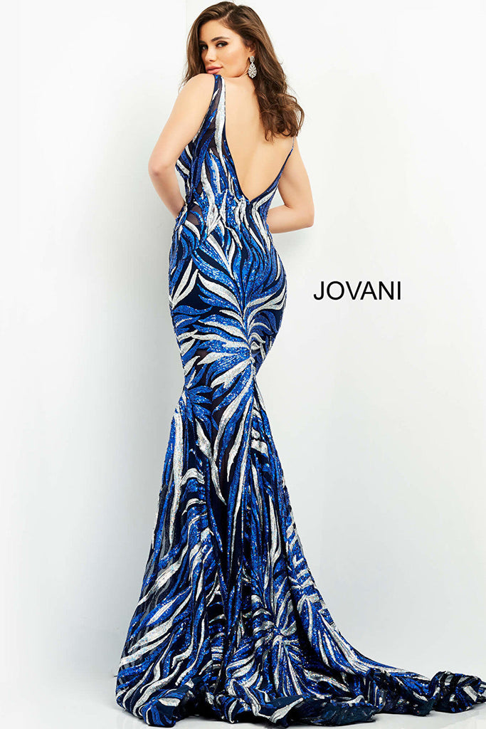 navy silver dress with train Jovani 06153