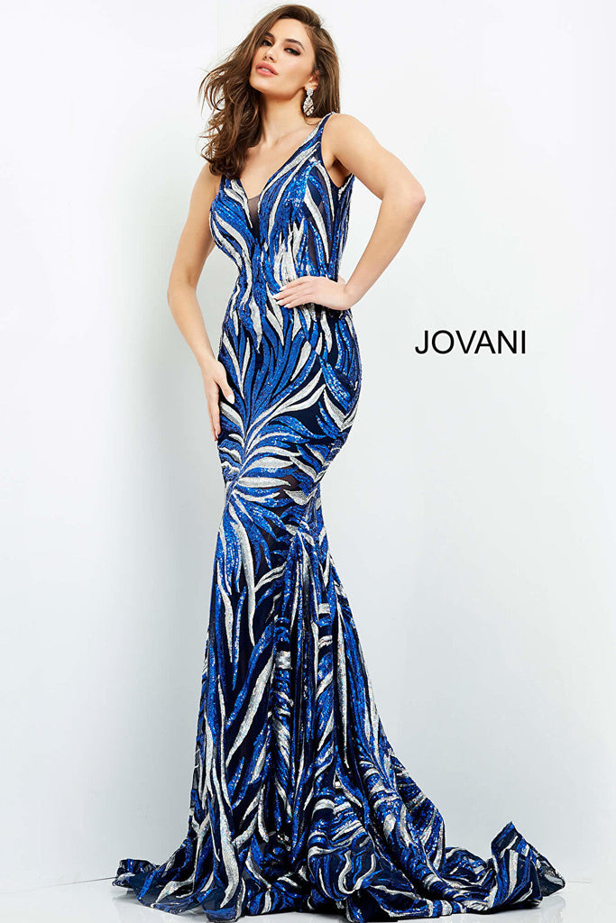 Navy silver sheath sleeveless dress Jovani 06153