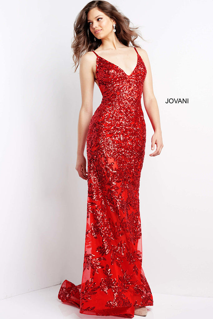 Red embellished prom gown Jovani 06203