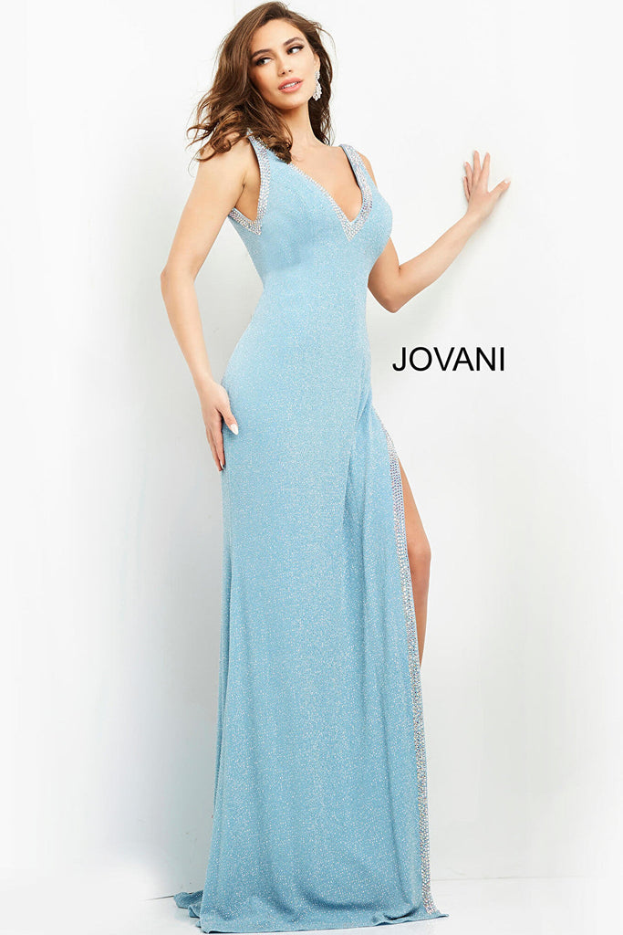 Light blue high slit Jovani prom dress 06276