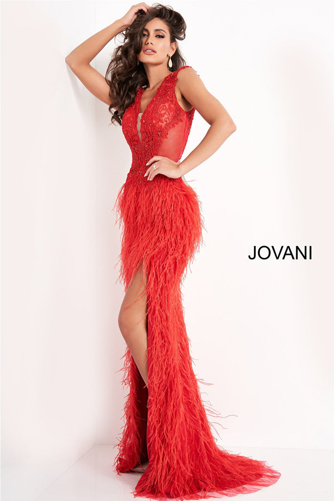 Red illusion bodice prom dress Jovani 06446