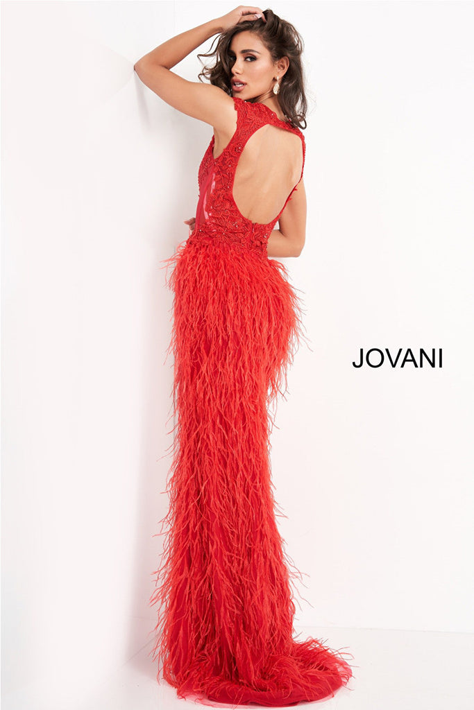 Red open back Jovani prom dress 06446