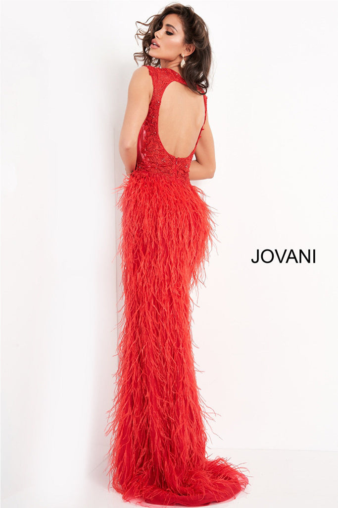 Red feather skirt prom gown Jovani 06446