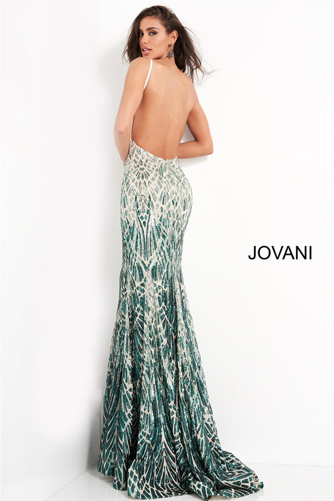 Silver green sequin low back Jovani prom dress 06450