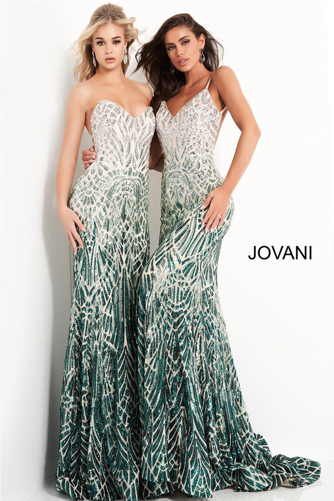 Floor length fitted green Jovani dresses