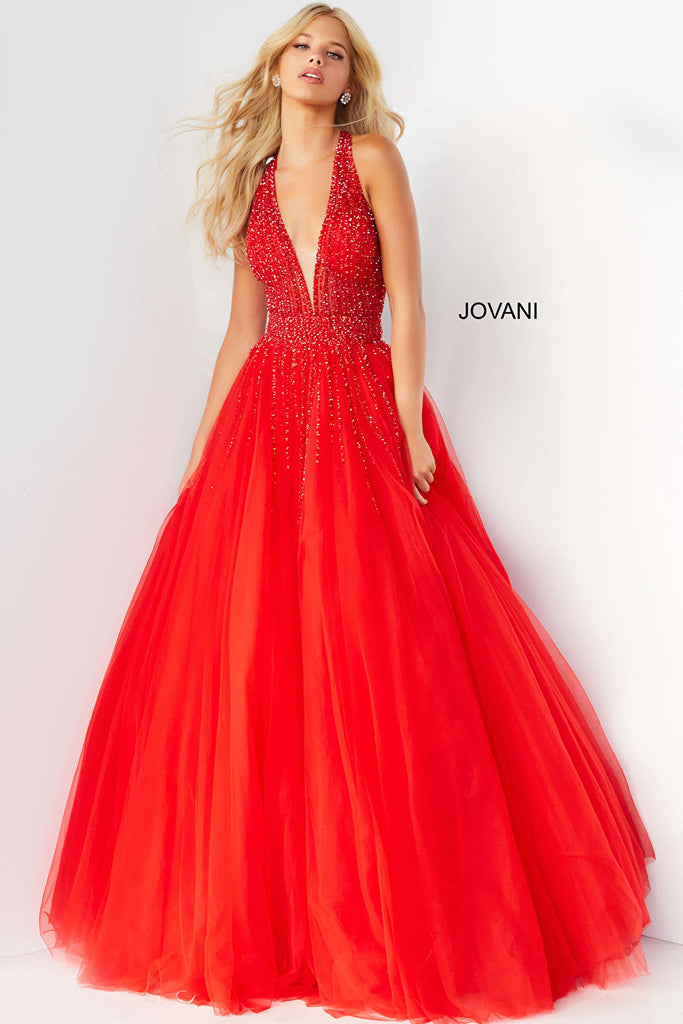 Long full skirt red Jovani gown 06598