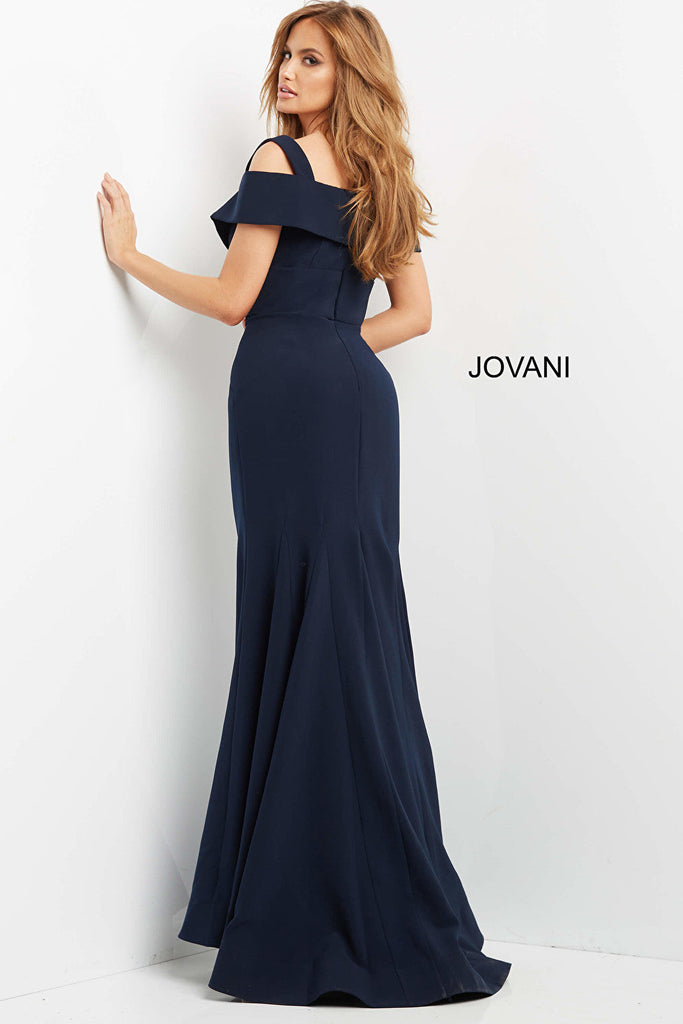 Jovani 06999 Navy Off the Shoulder Sheath Evening Gown