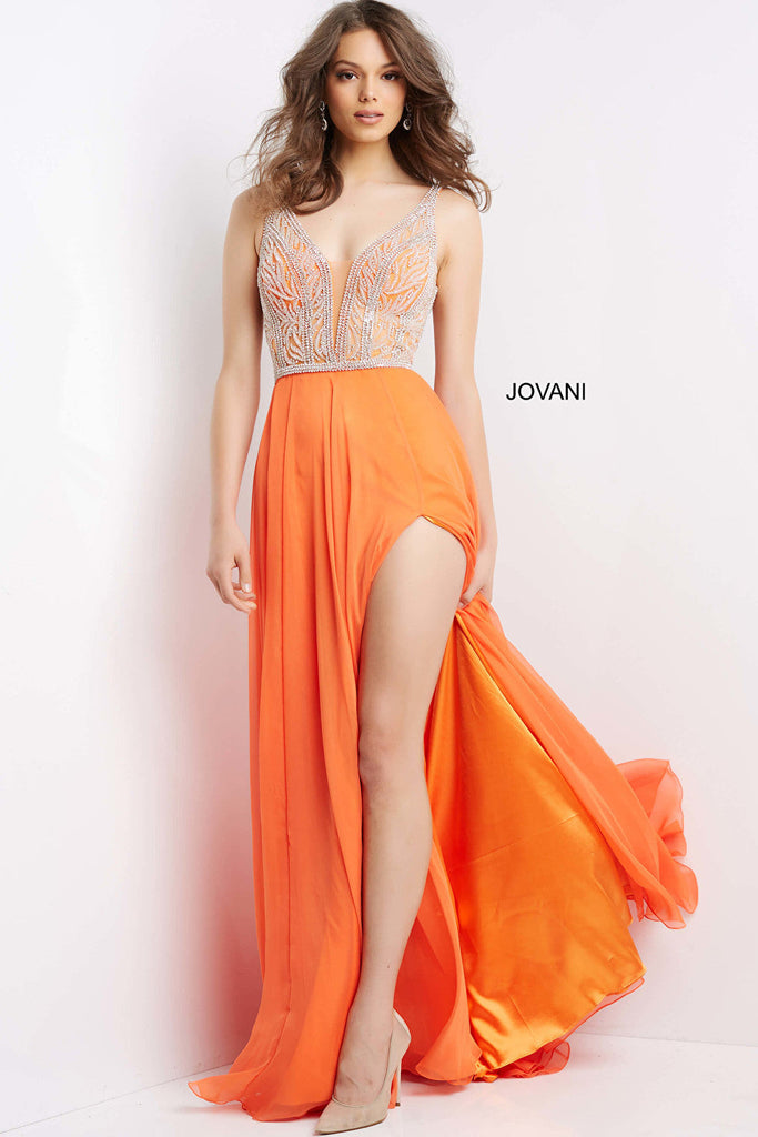 Orange flowy Jovani prom dress 07136