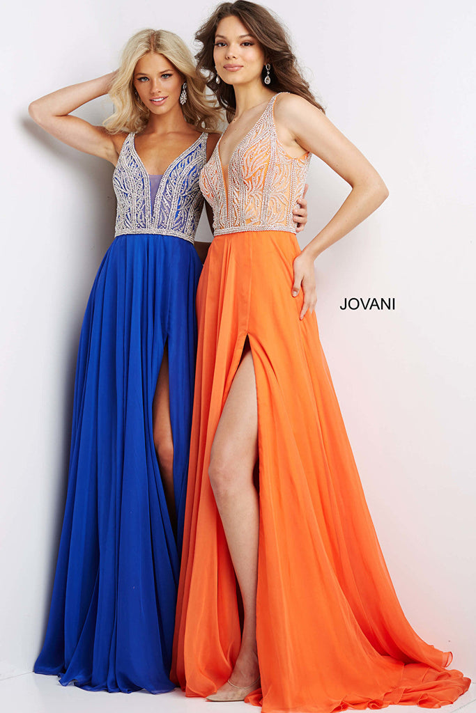 Royal and orange chiffon prom gowns Jovani 07136
