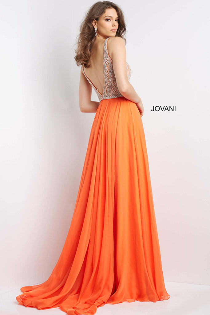 Orange beaded bodice long dress Jovani 07136