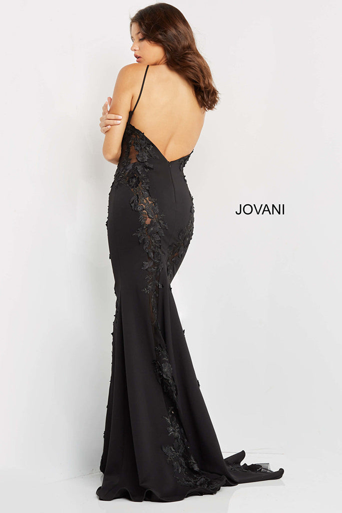 Open back fitted black prom dress 07296